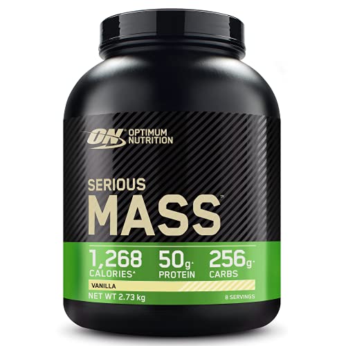 Optimum Nutrition Serious Mass Proteína en Polvo Alta en Calorías, Ganador de Masa Muscular con 25 Vitaminas y Minerales, Monohidrato de Creatina y Glutamina, Sabor Vainilla, 8 Dosis, 2,73 kg