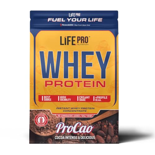 Life Pro Whey ProCao 1kg | Concentrado de Suero de Leche | Sabor a Cacao de la Infancia | Crecimiento y Mantenimiento Muscular | Sin Gluten