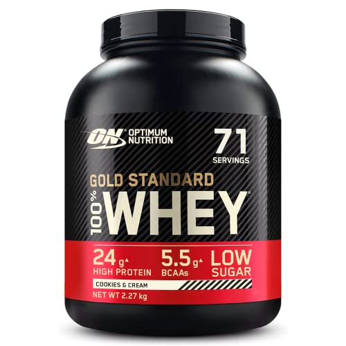Optimum Nutrition Gold Standard 100% Whey, Proteína en Polvo para Recuperacíon y Desarrollo Muscular con Glutamina Natural y Aminoácidos BCAA, Sabor Cookies & Cream, 71 Dosis, 2.27 kg
