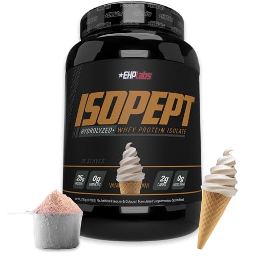 IsoPept Hydrolyzed Whey Protein Powder by EHPlabs - 100% Whey Protein Isolate & Hydrolysate, 27g of Protein, Non-GMO, Gluten Free, Fast Absorbing, Easy Digesting, 27 Serves (Vanilla Ice-Cream)