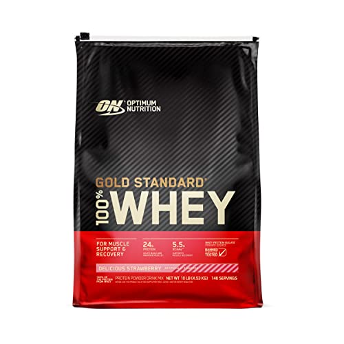 Optimum Nutrition Gold Standard 100% Whey, Proteína en Polvo para Recuperacíon y Desarrollo Muscular con Glutamina Natural y Aminoácidos BCAA, Sabor Fresa Deliciosa, 151 Dosis, 4.53 kg