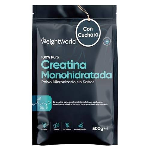 Creatina Monohidratada en Polvo 500g para 165 Días - Creatina 100% Pura sin Aditivos, 100% Monohidrato de Creatina Micronizada - Sin Sabor, Vegana, Sin Gluten ni OGM - Cuchara Incluida